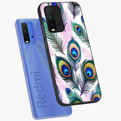 Royal Peacock Feathers Glass Case displayed in angled mockup highlighting vibrant feather pattern with regal aesthetic style.