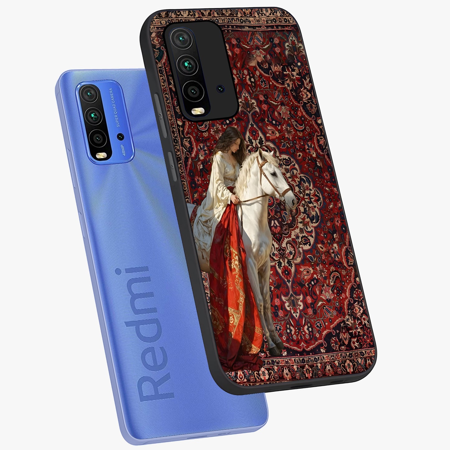 Royal Rider Tapestry Glass Case displayed in angled mockup highlighting traditional tapestry design with royal heritage aesthetic.