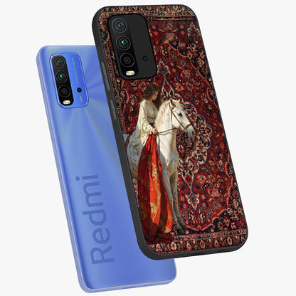 Royal Rider Tapestry Glass Case displayed in angled mockup highlighting traditional tapestry design with royal heritage aesthetic.