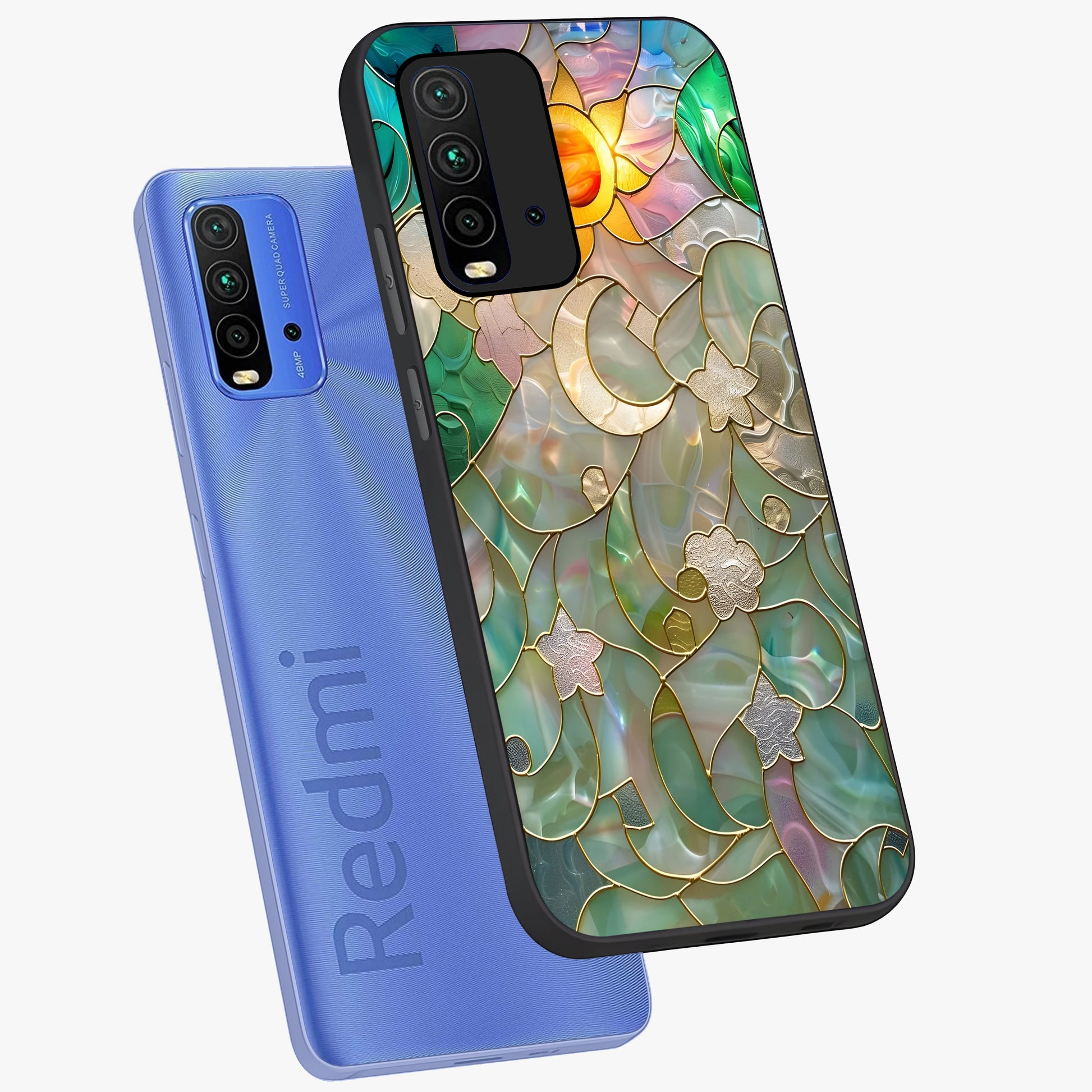 Stained Sunrise Glow Glass Case displayed in angled mockup highlighting radiant sunrise design with artistic aesthetic style.
