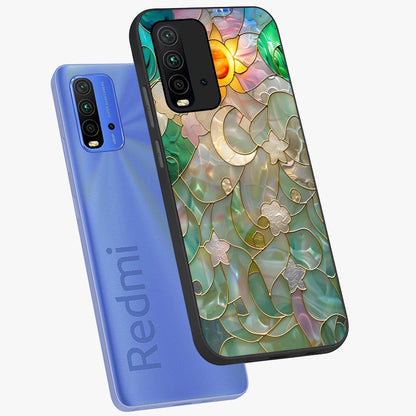 Stained Sunrise Glow Glass Case displayed in angled mockup highlighting radiant sunrise design with artistic aesthetic style.