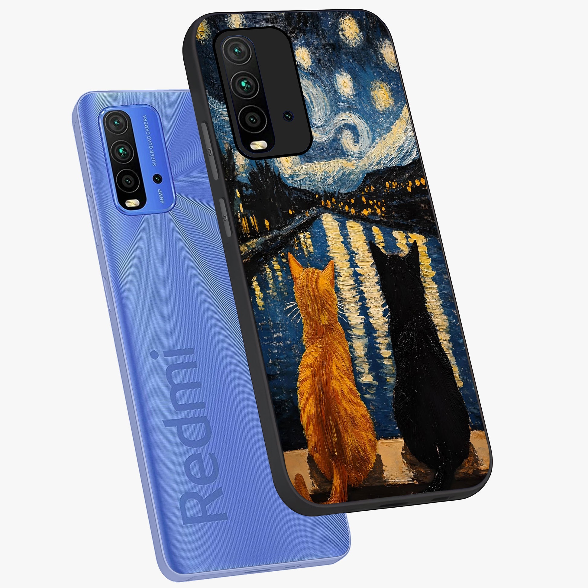 Starry River Cats Glass Case displayed in angled mockup highlighting charming feline illustration with dreamy night aesthetic.