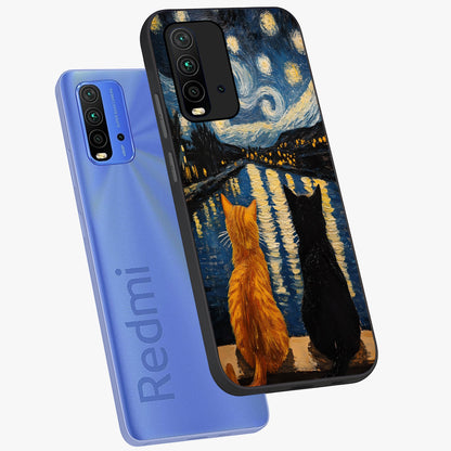 Starry River Cats Glass Case displayed in angled mockup highlighting charming feline illustration with dreamy night aesthetic.