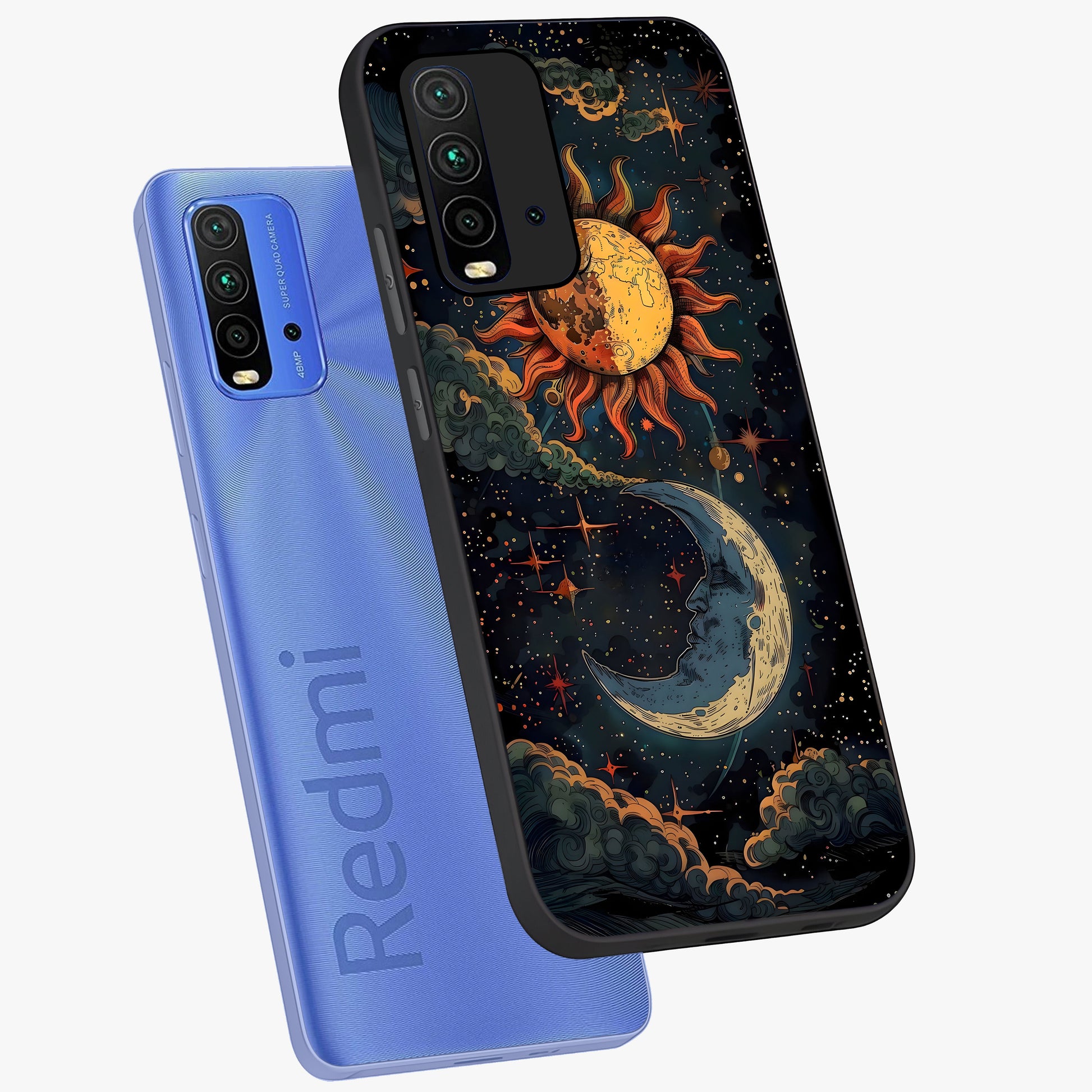 Sun And Moon Magic Design Glass Case displayed in angled mockup highlighting celestial design with magical cosmic aesthetic.