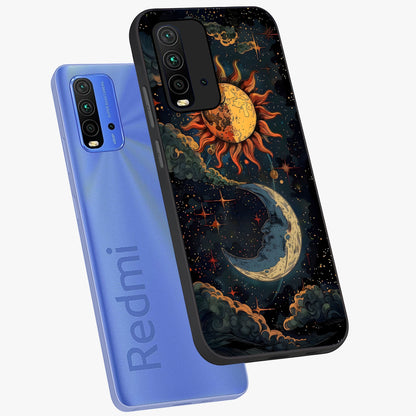 Sun And Moon Magic Design Glass Case displayed in angled mockup highlighting celestial design with magical cosmic aesthetic.