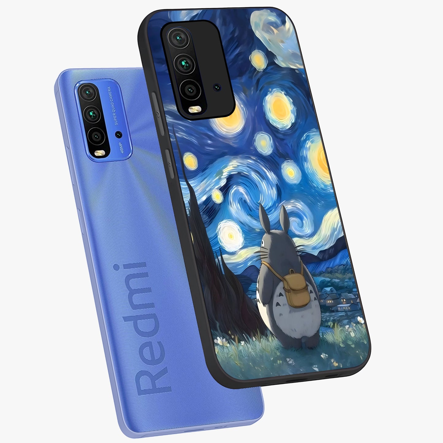 Totoro In Van Gogh Art Glass Case displayed in angled mockup highlighting artistic swirling sky design with playful animation aesthetic.