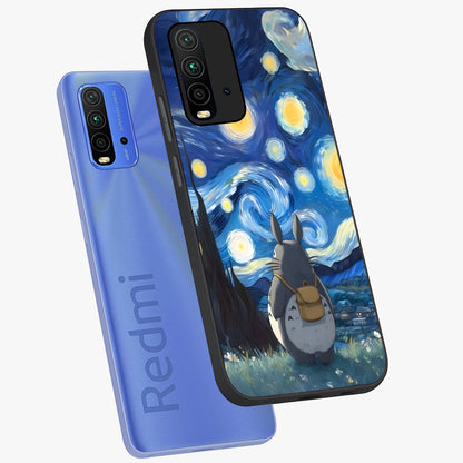 Totoro In Van Gogh Art Glass Case displayed in angled mockup highlighting artistic swirling sky design with playful animation aesthetic.