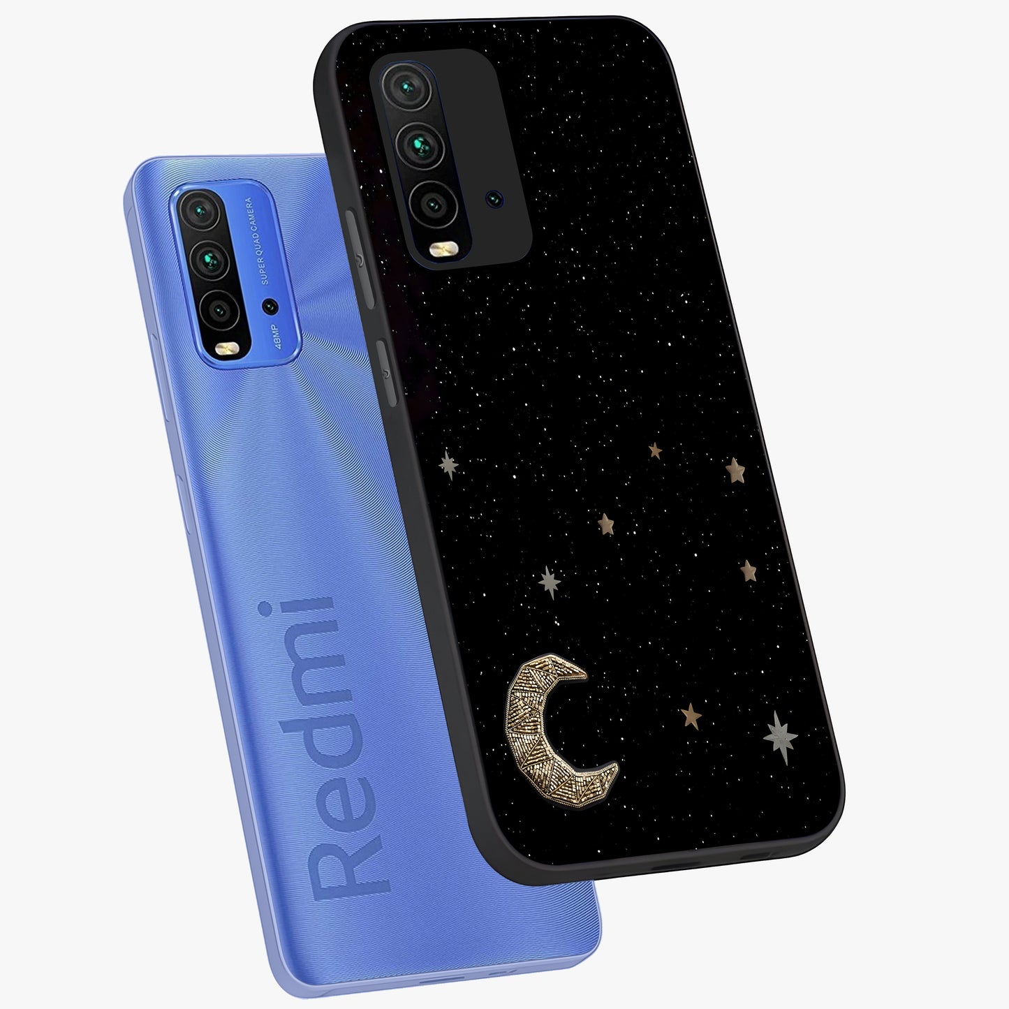 Twinkle Star With Half Moon Glass Case displayed in angled mockup highlighting celestial moon and star design with magical aesthetic.