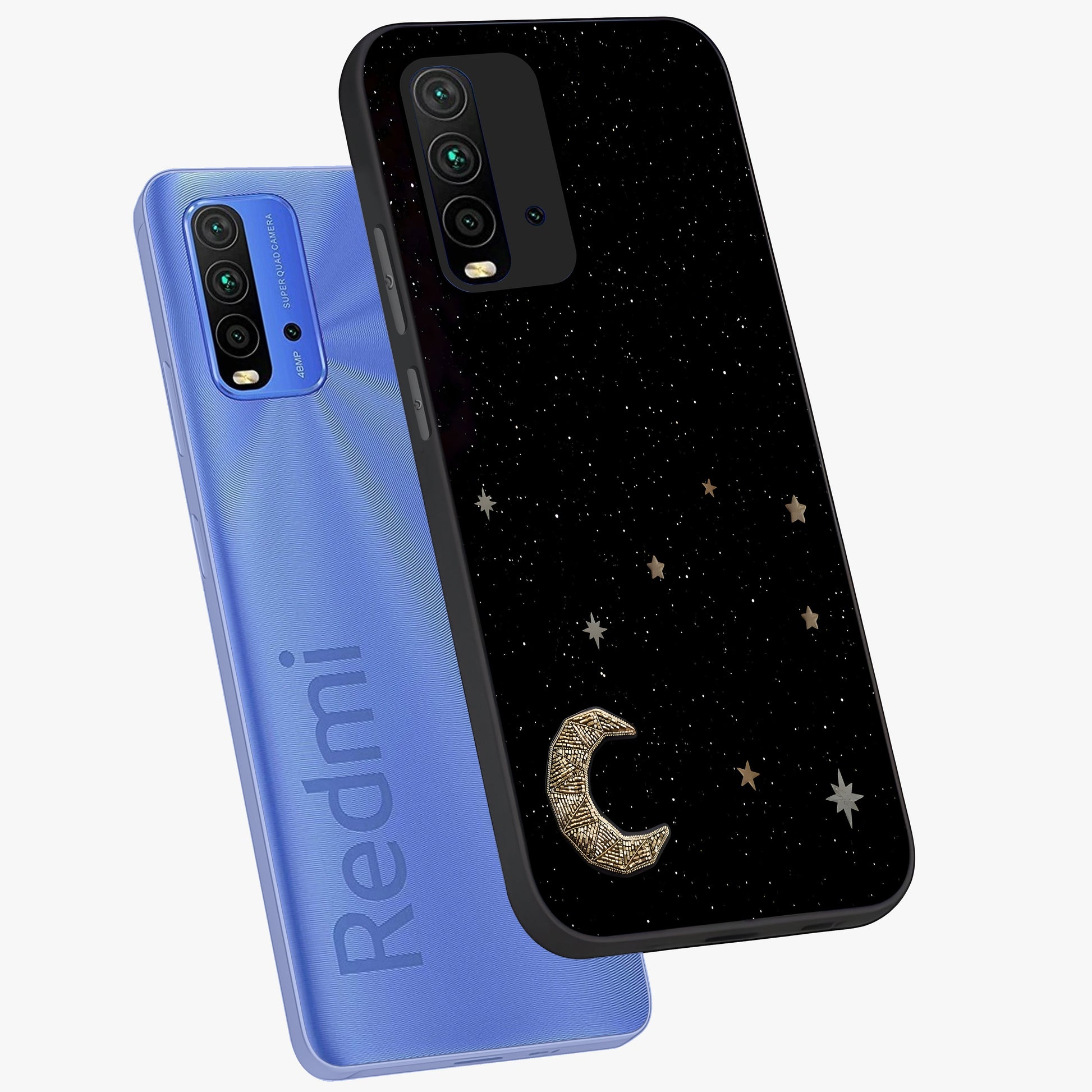 Twinkle Star With Half Moon Glass Case displayed in angled mockup highlighting celestial moon and star design with magical aesthetic.
