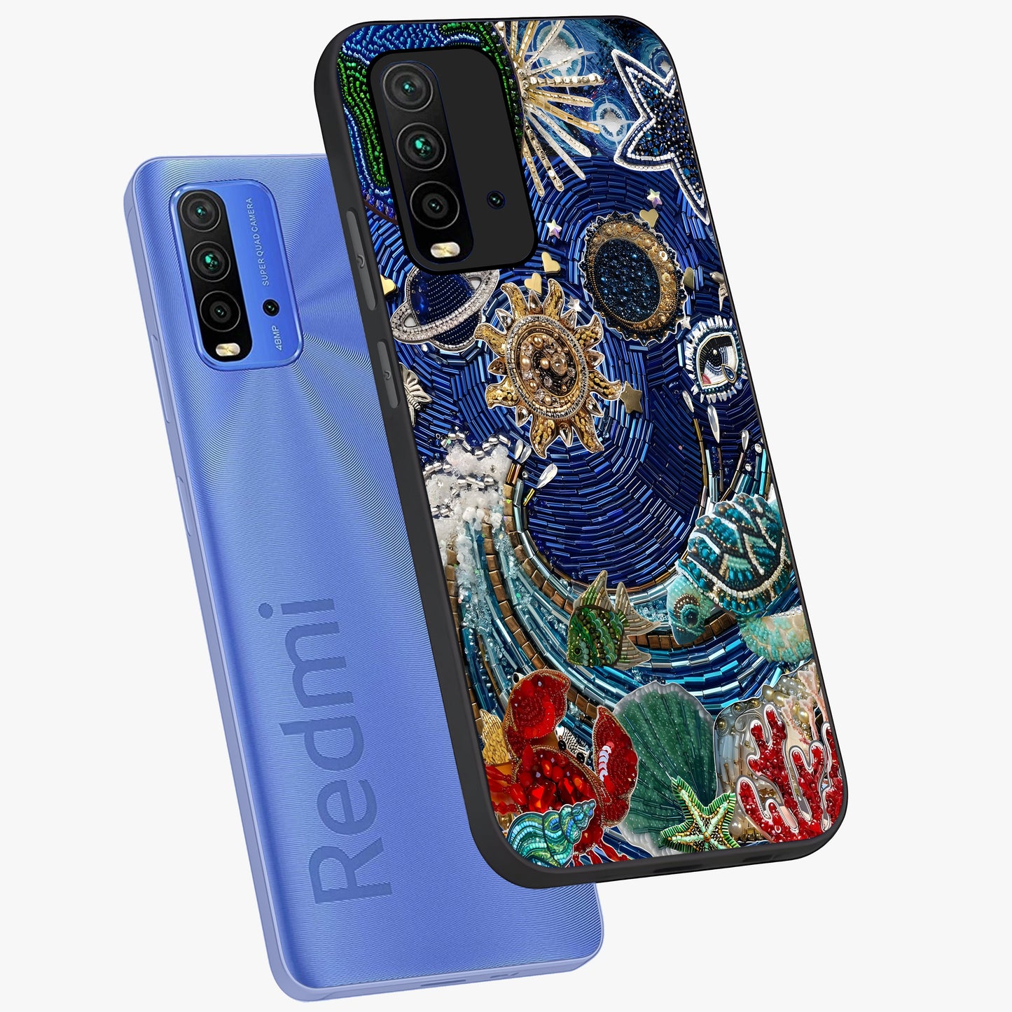 Universe Underwater Spark Glass Case displayed in angled mockup highlighting glowing aquatic design with celestial aesthetic.