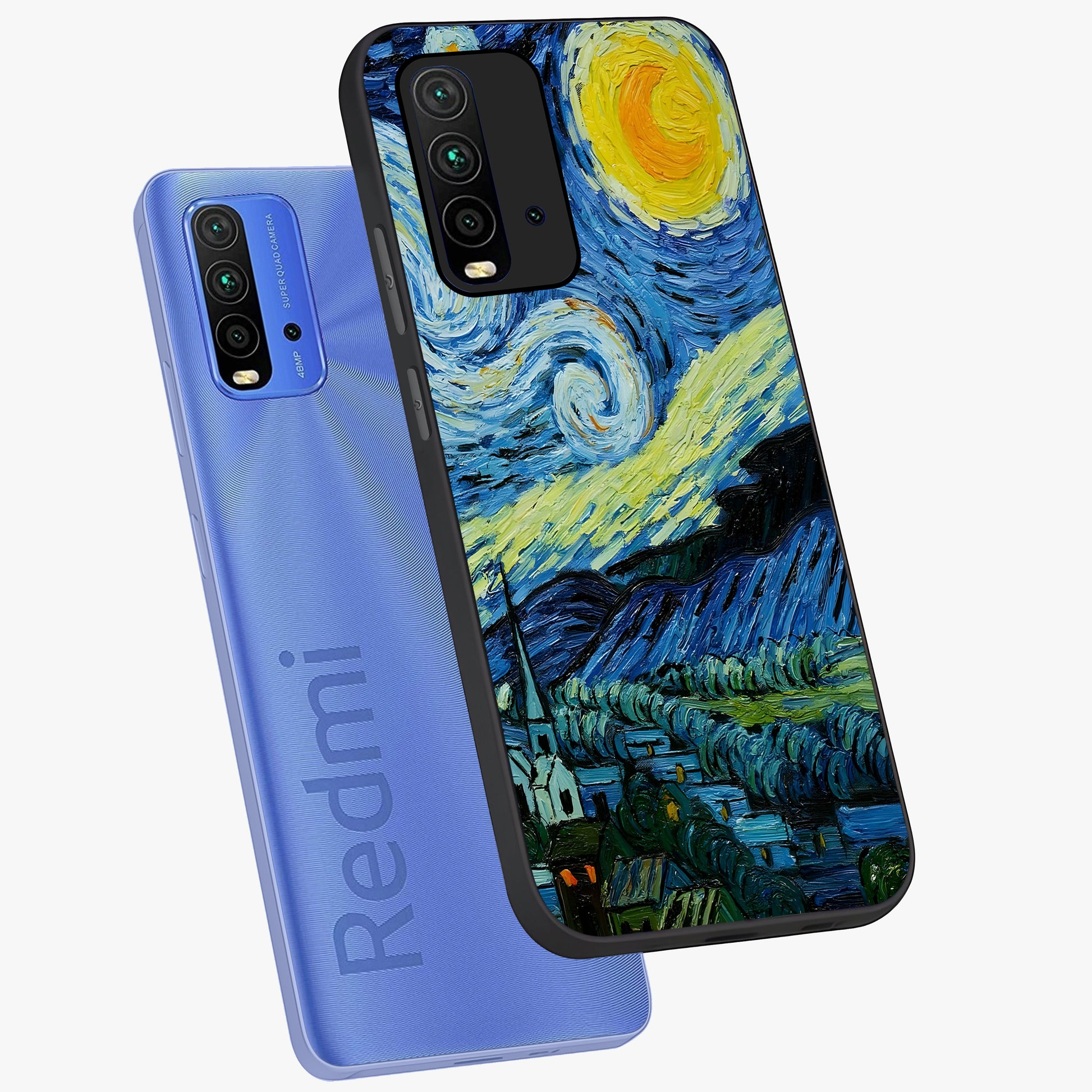 Van Gogh Art Glass Case displayed in angled mockup highlighting swirling brushstroke design with artistic aesthetic.