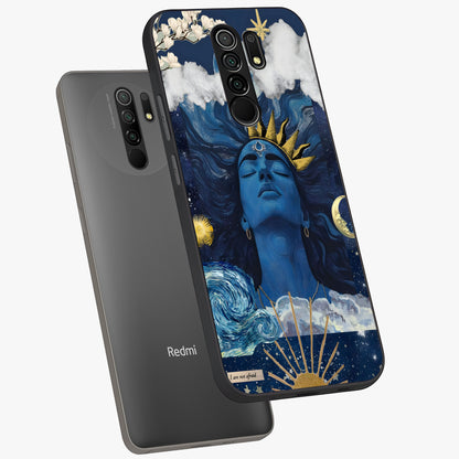 Aesthetic Lord Shiva Glass Case displayed in angled mockup highlighting spiritual Shiva illustration and sacred aesthetic design.