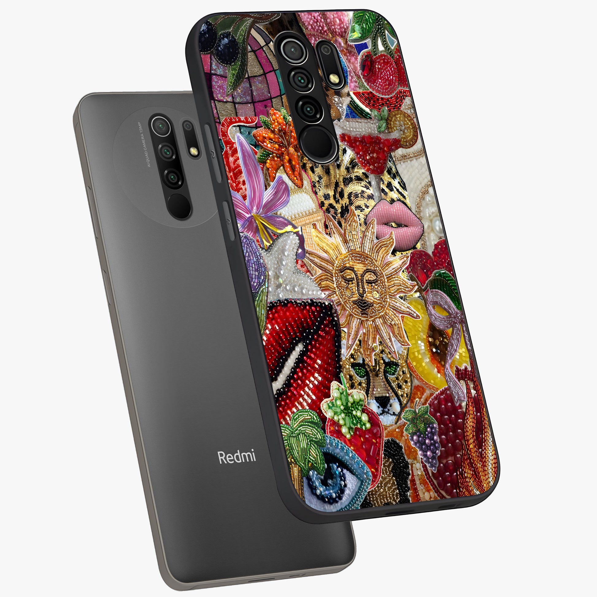Beaded Fashion Jungle Glass Case displayed in angled mockup highlighting colorful fashion bead design and artistic pattern.