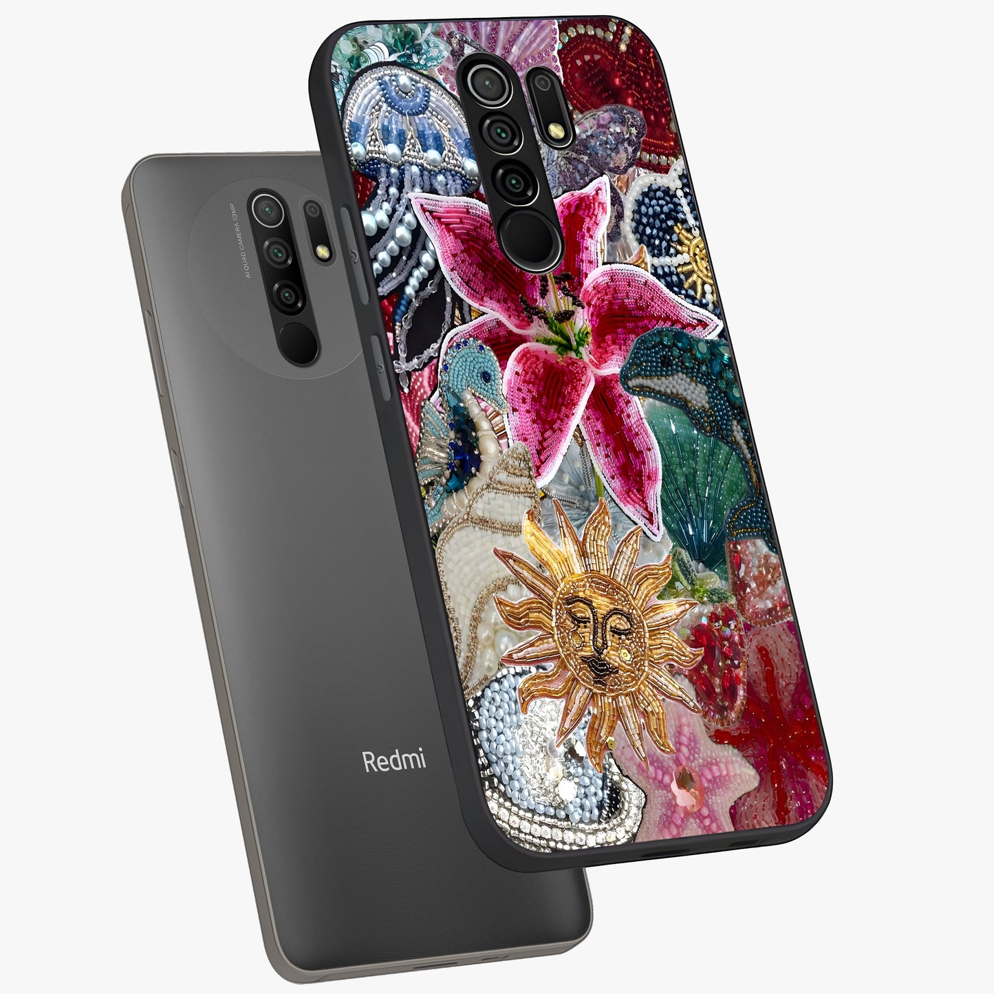 Beaded Garden Fantasy Glass Case displayed in angled mockup highlighting fantasy inspired floral bead pattern.