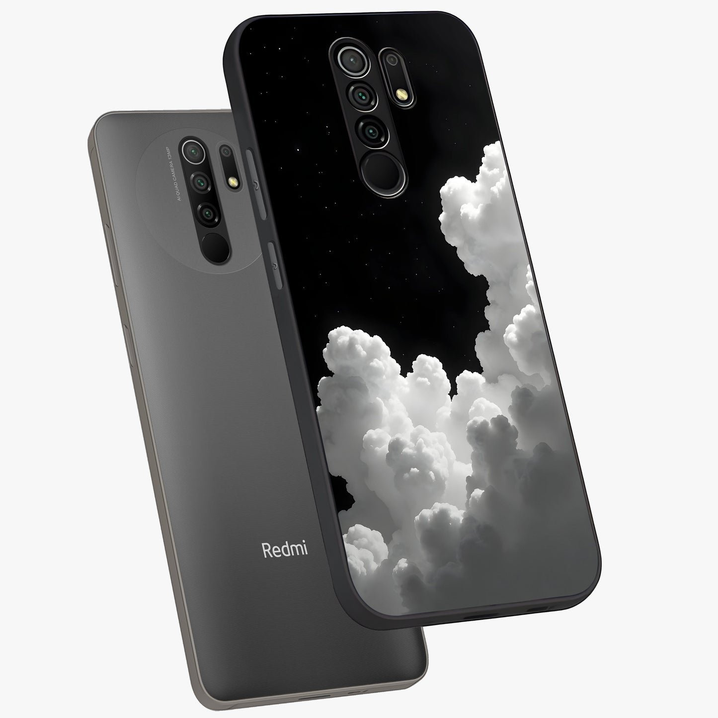 Black Background With White Cloud Glass Case displayed in angled mockup highlighting soft white cloud illustration and minimal design.