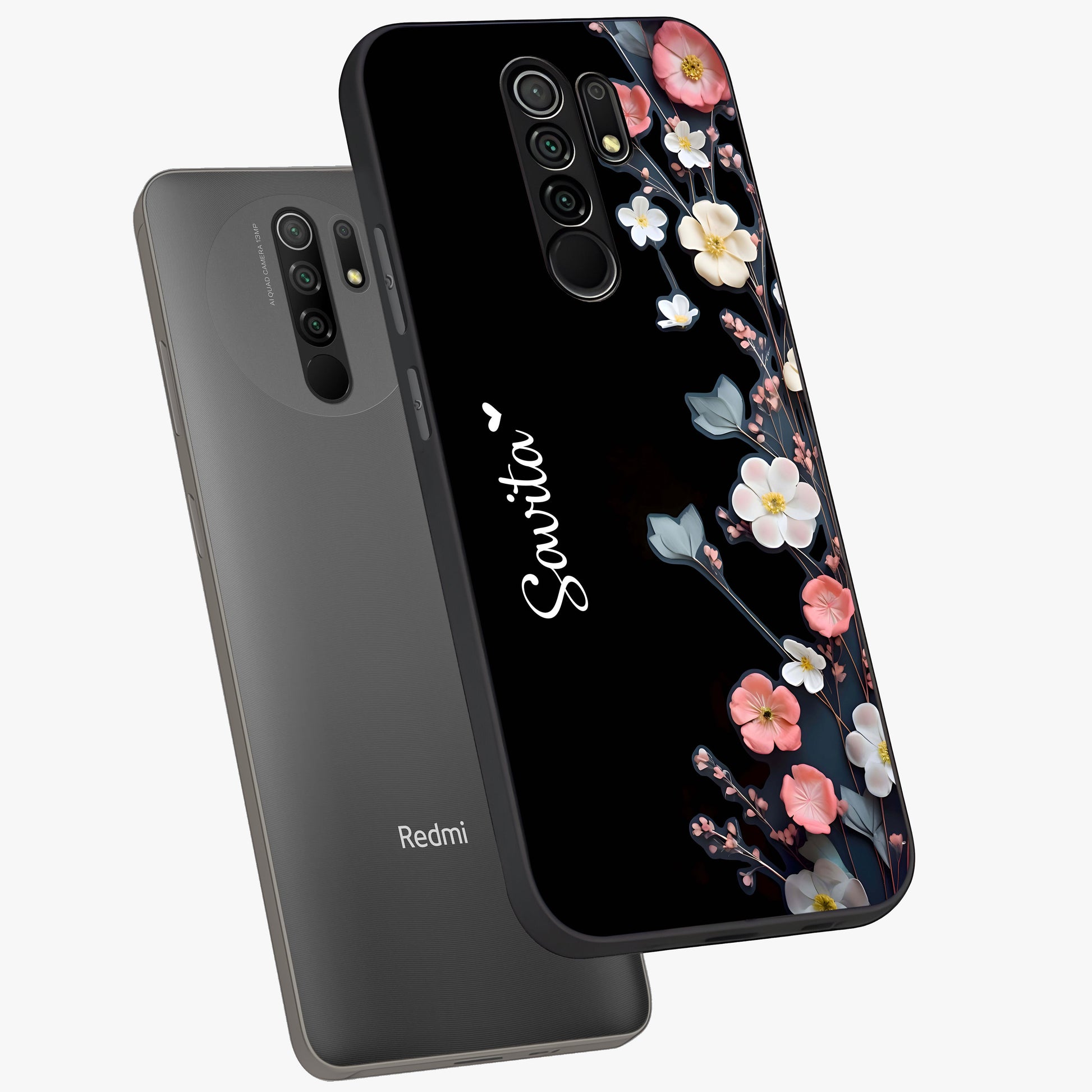 Black Elegance Floral Custom Name Glass Case displayed in angled mockup highlighting dark floral aesthetic and custom name feature.
