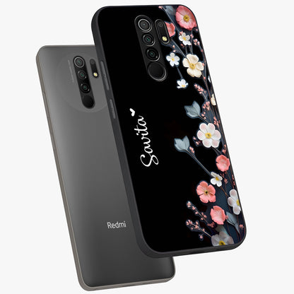 Black Elegance Floral Custom Name Glass Case displayed in angled mockup highlighting dark floral aesthetic and custom name feature.