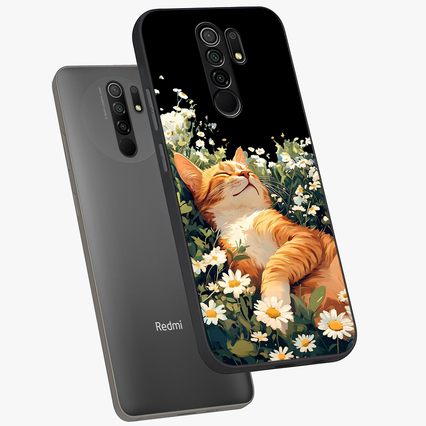 Blissful Bloom Cat Glass Case displayed in angled mockup highlighting playful feline illustration with soft floral aesthetic.