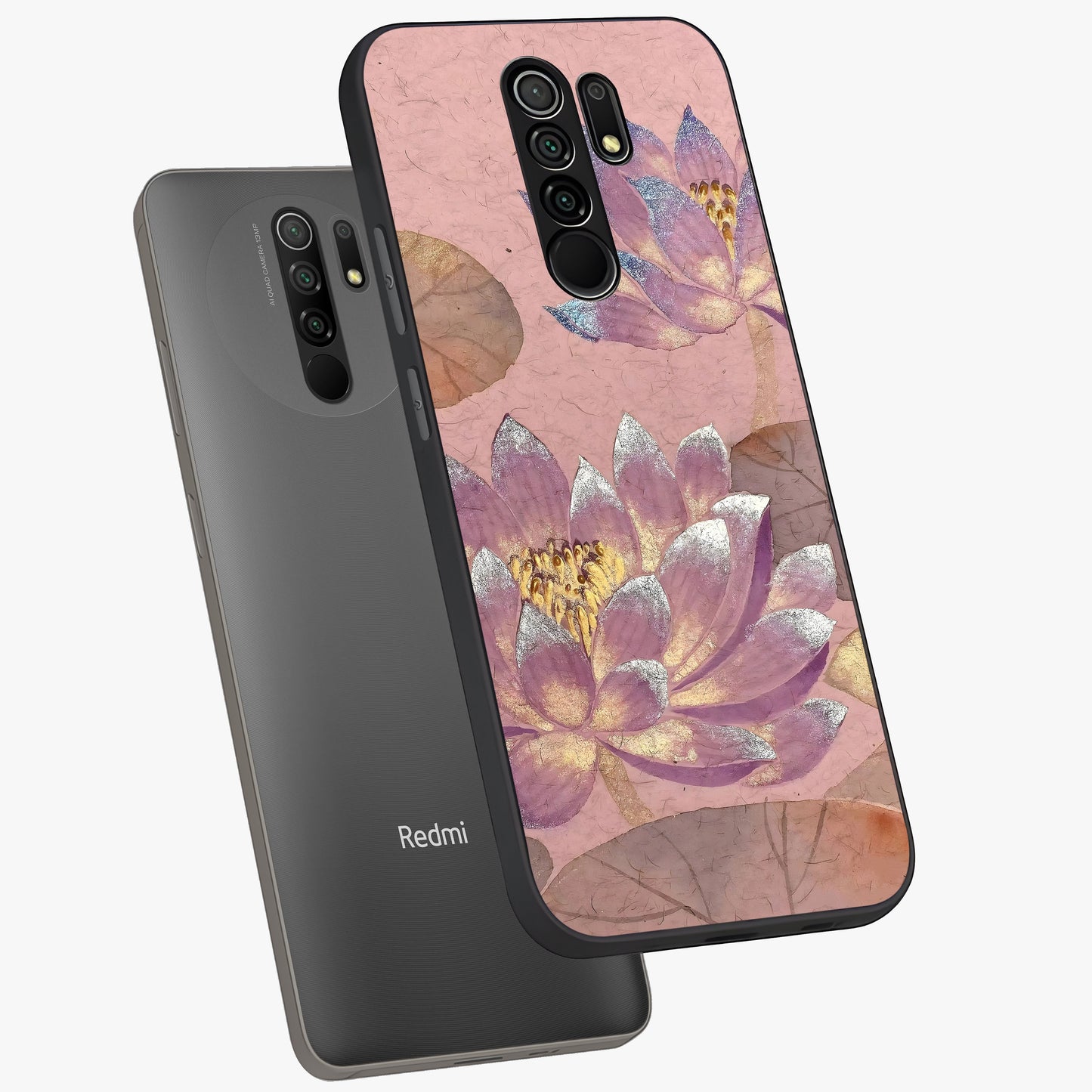 Blossom Mist Lotus Glass Case displayed in angled mockup highlighting delicate lotus illustration with calm aesthetic theme.