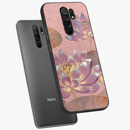 Blossom Mist Lotus Glass Case displayed in angled mockup highlighting delicate lotus illustration with calm aesthetic theme.