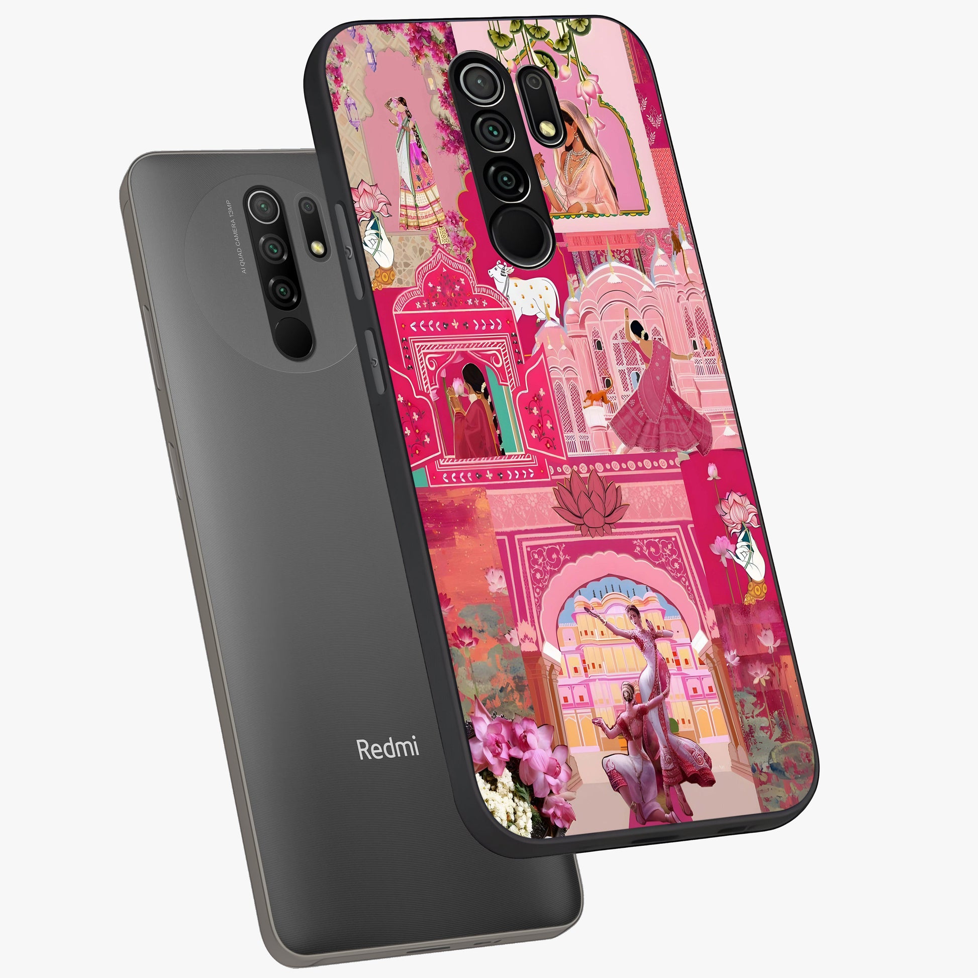Blossoms of Rajasthan Glass Case displayed in angled mockup highlighting vibrant floral pattern with cultural aesthetic style.