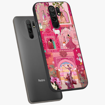 Blossoms of Rajasthan Glass Case displayed in angled mockup highlighting vibrant floral pattern with cultural aesthetic style.