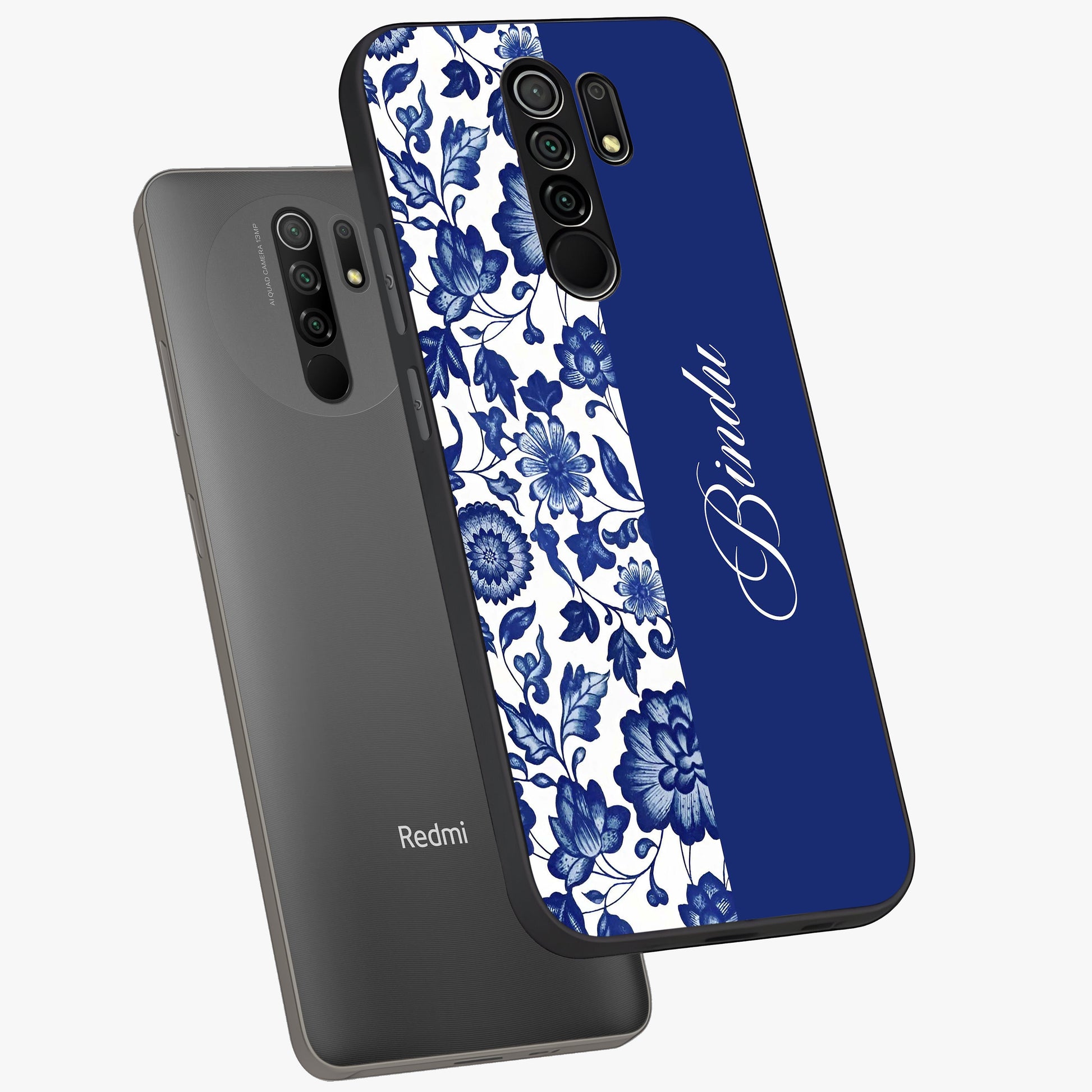 Blue Vintage Floral Pattern Glass Case displayed in angled mockup highlighting subtle bloom pattern with aesthetic pastel design.