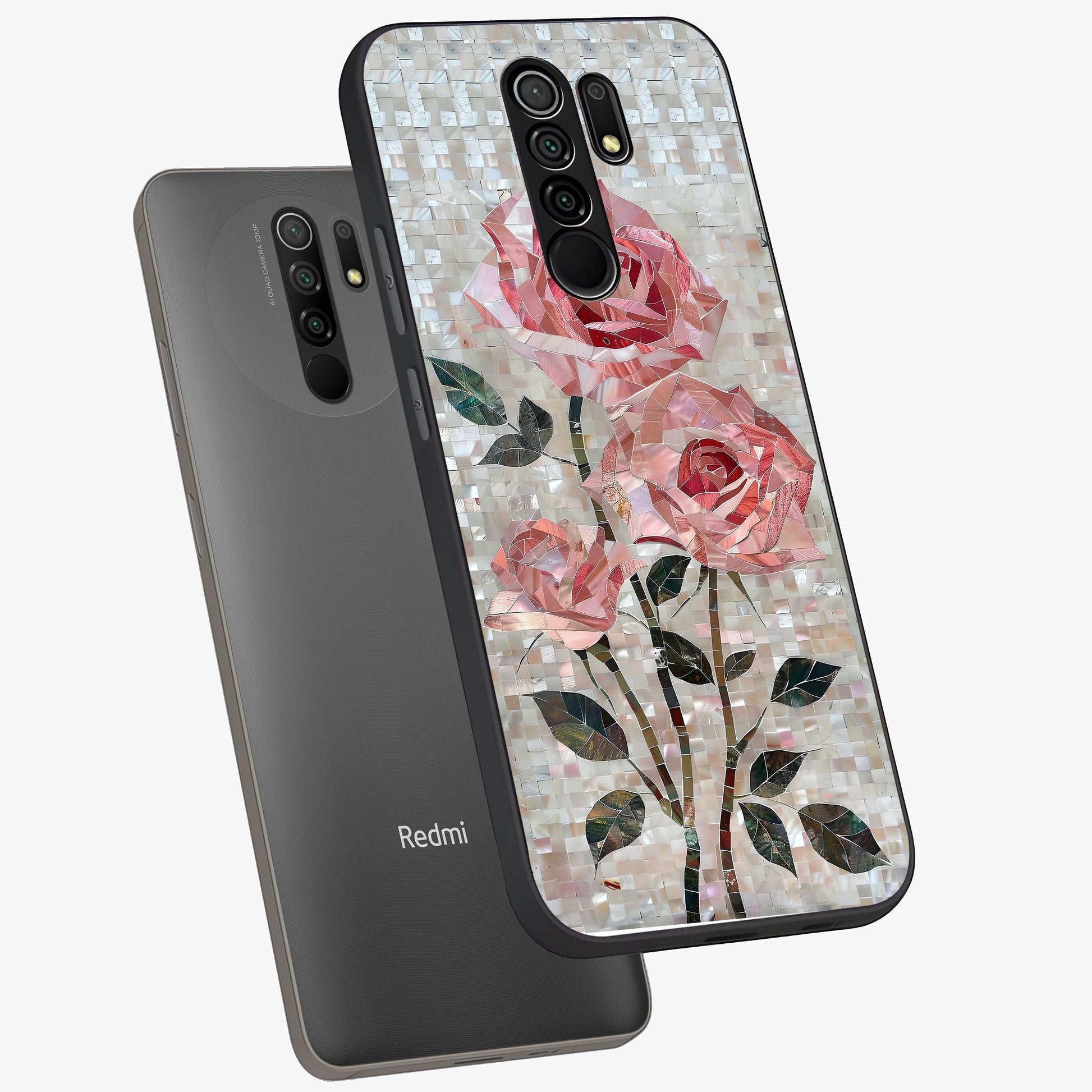 Blush Mosaic Bloom Glass Case displayed in angled mockup highlighting artistic mosaic flower pattern with aesthetic design.