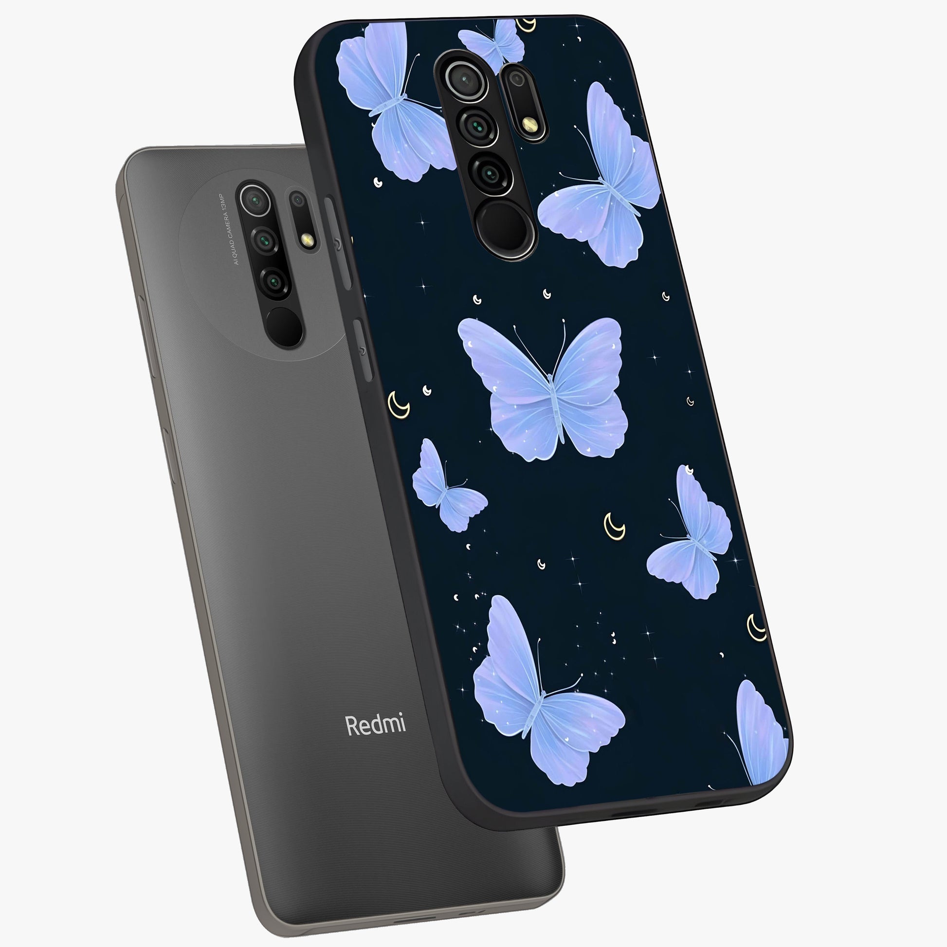 Butterfly With Stars Pattern Glass Case displayed in angled mockup highlighting dreamy butterfly and star design with aesthetic theme.
