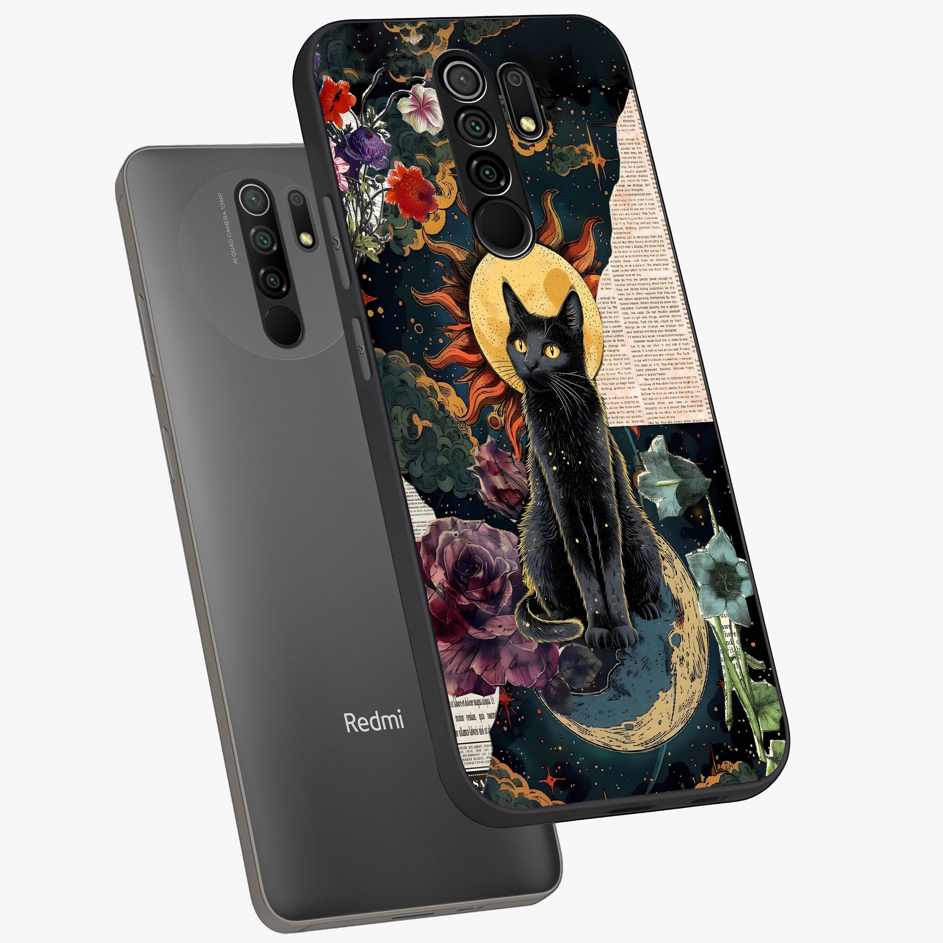 Celestial Black Cat Glass Case displayed in angled mockup highlighting cosmic black cat design with celestial aesthetic.