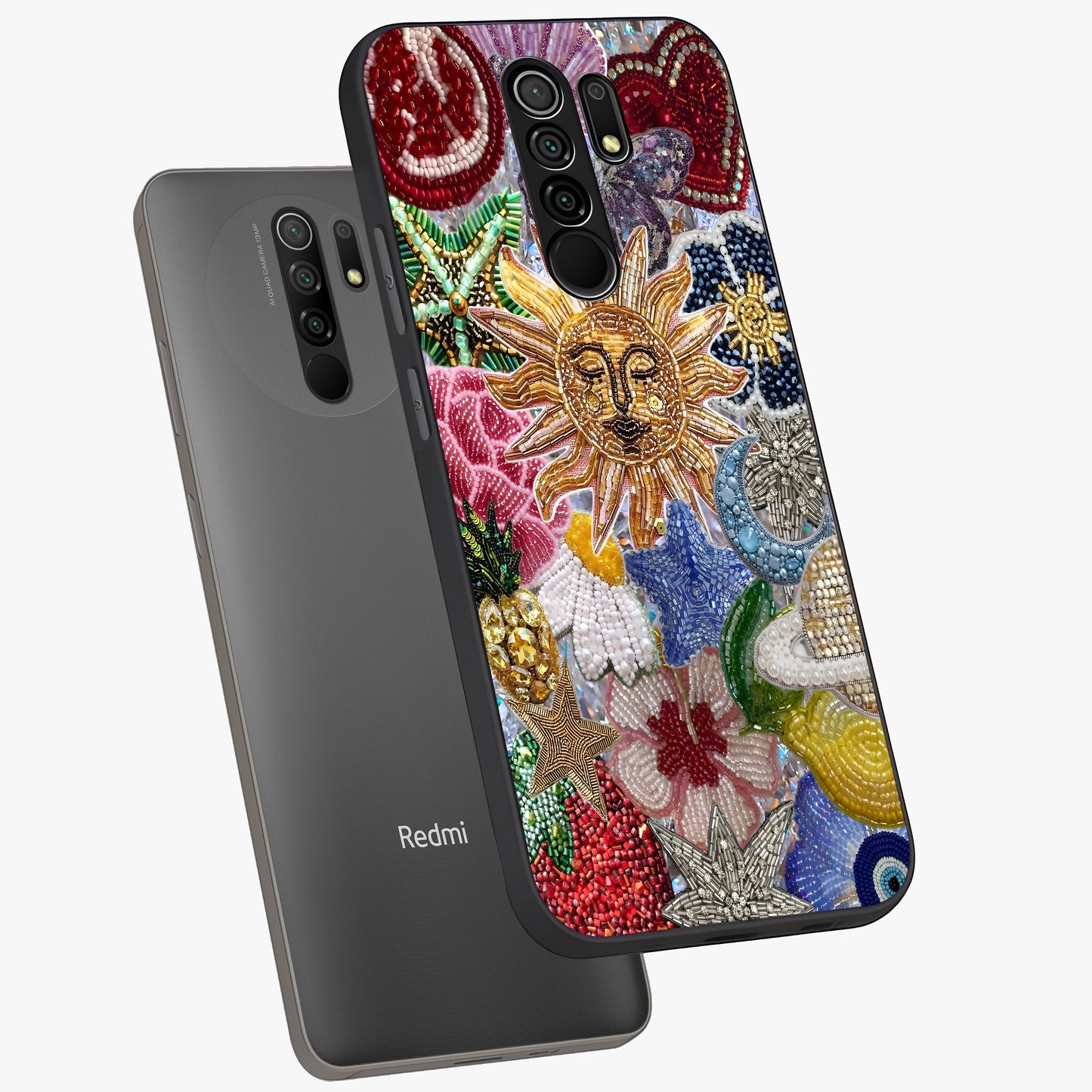 Celestial Floral and Playful Glass Case displayed in angled mockup highlighting playful floral design with dreamy celestial elements.