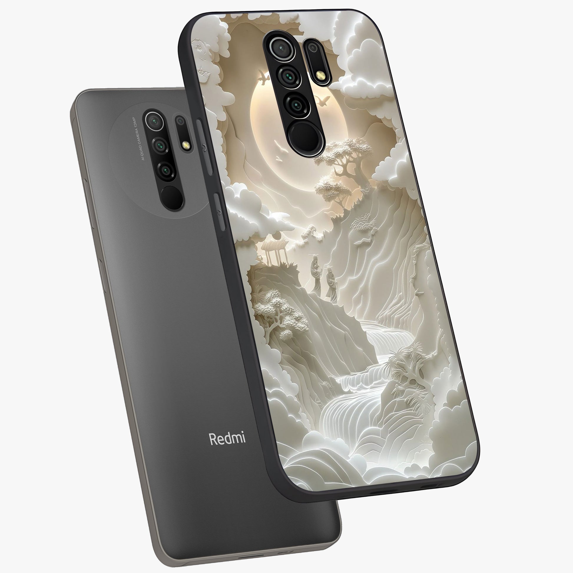 Celestial Origami Glass Case displayed in angled mockup highlighting geometric origami design with cosmic aesthetic theme.