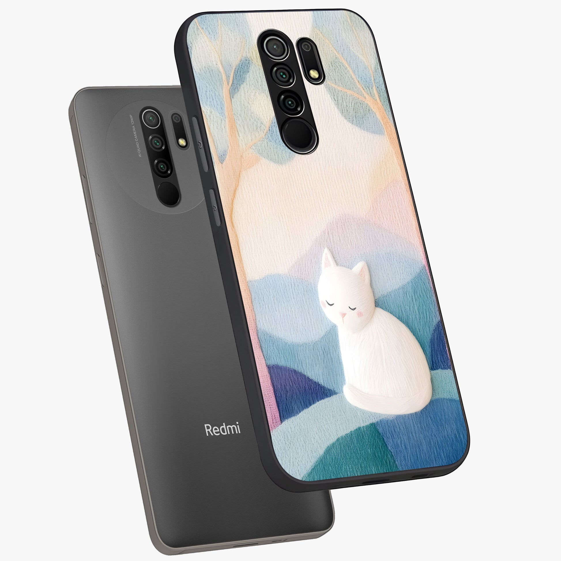 Cotton Dream Cat Glass Case displayed in angled mockup highlighting cute feline illustration with pastel aesthetic style.