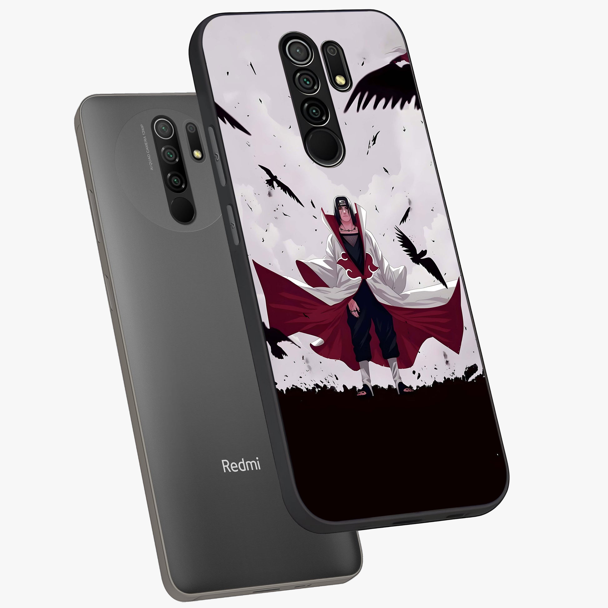 Crimson Crow Ascension Glass Case displayed in angled mockup highlighting powerful crow illustration with dark crimson aesthetic.