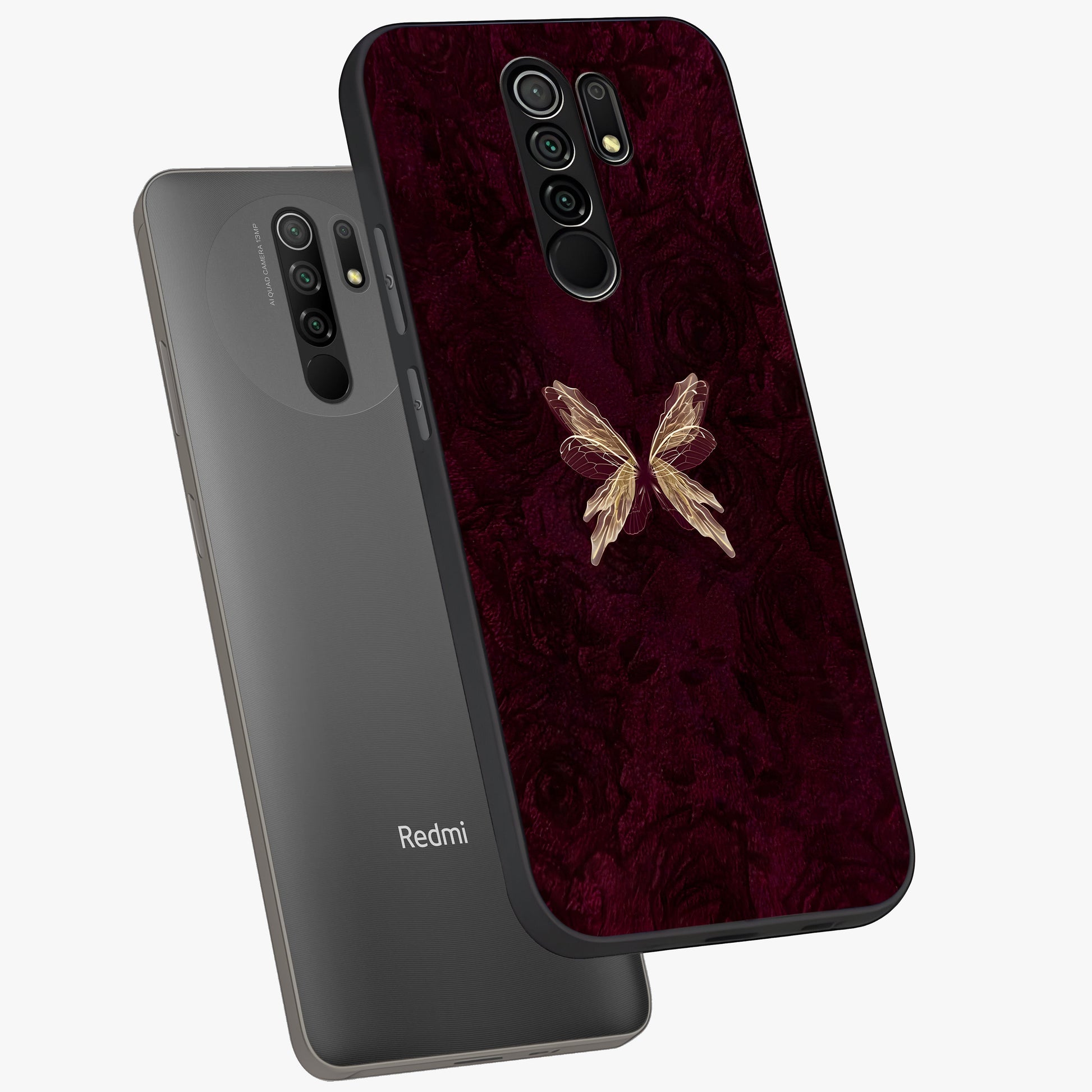 Crimson Fade Butterfly Glass Case displayed in angled mockup highlighting elegant butterfly design with crimson gradient aesthetic.