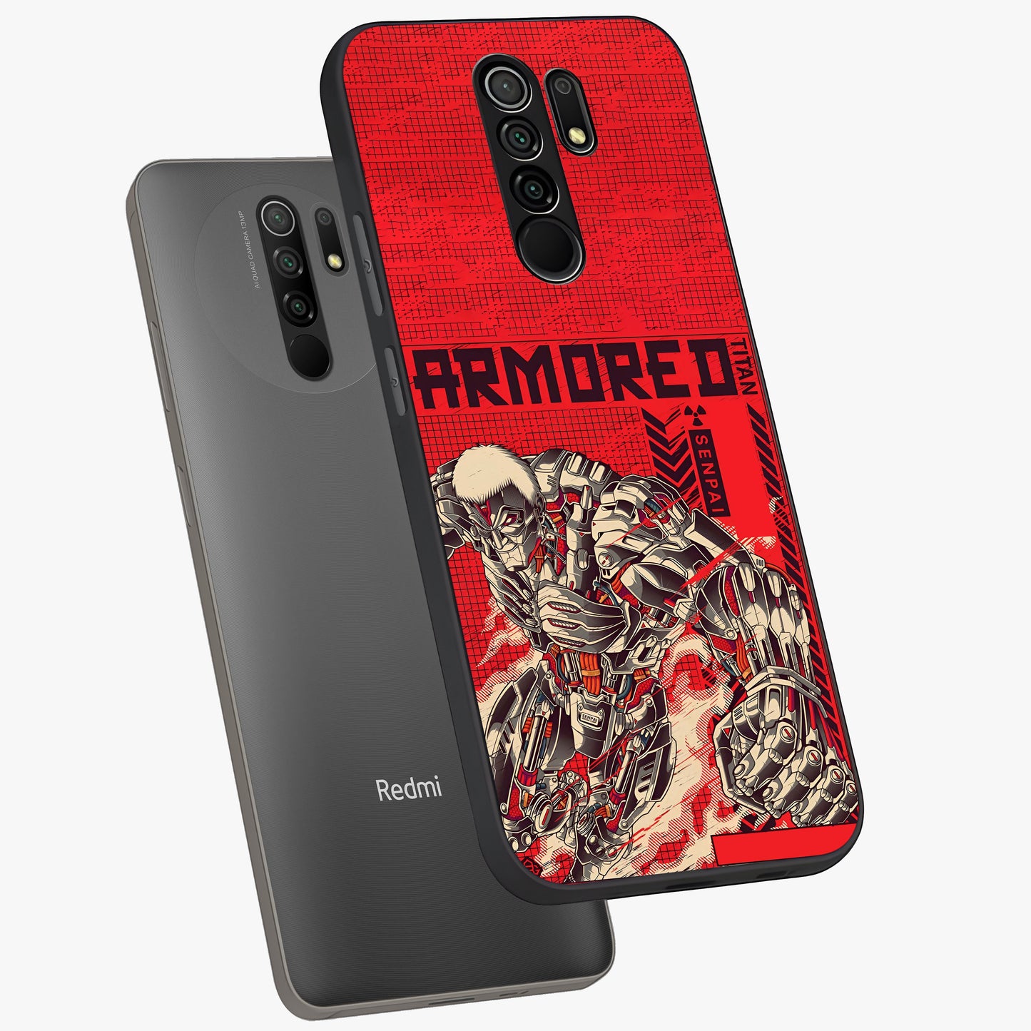 Crimson Mecha Titan Glass Case displayed in angled mockup highlighting futuristic mech illustration with bold crimson aesthetic.