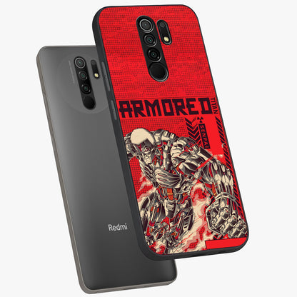 Crimson Mecha Titan Glass Case displayed in angled mockup highlighting futuristic mech illustration with bold crimson aesthetic.