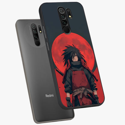 Crimson Moon Warlord Glass Case displayed in angled mockup highlighting dramatic crimson moon design with fantasy aesthetic.
