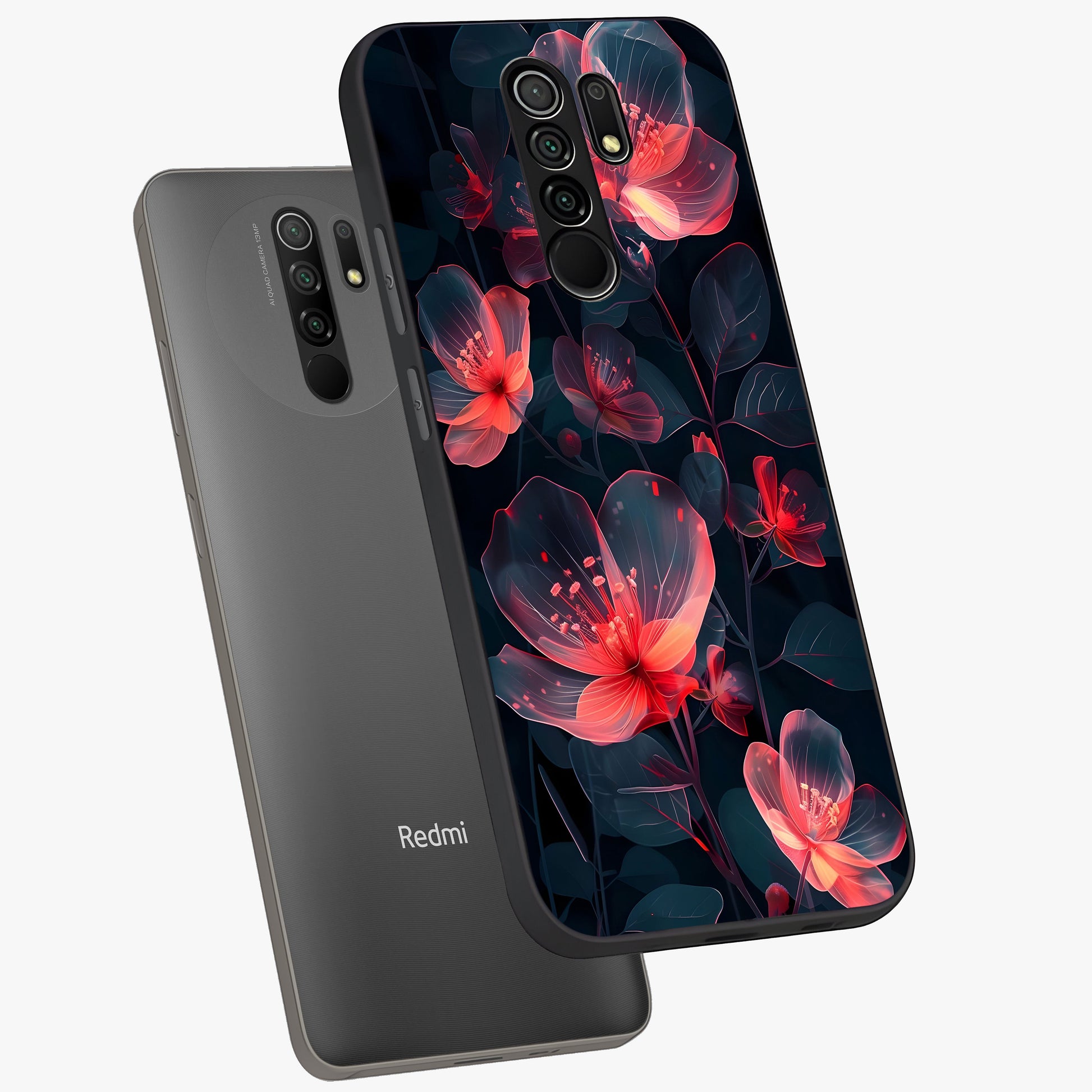 Dark Shade of Flower Glass Case displayed in angled mockup highlighting moody floral illustration with aesthetic dark tones.
