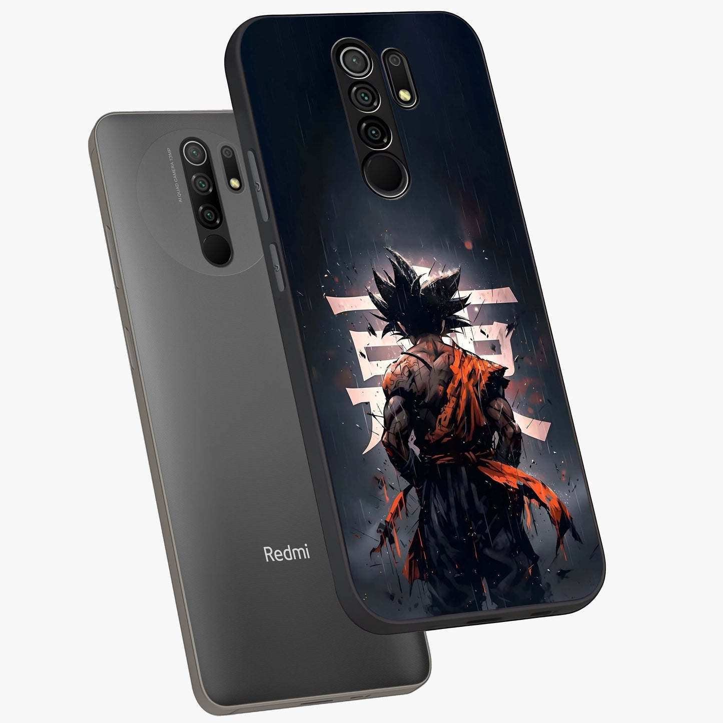 Dark Warrior In Rain Glass Case displayed in angled mockup highlighting dramatic warrior illustration with dark rain aesthetic.