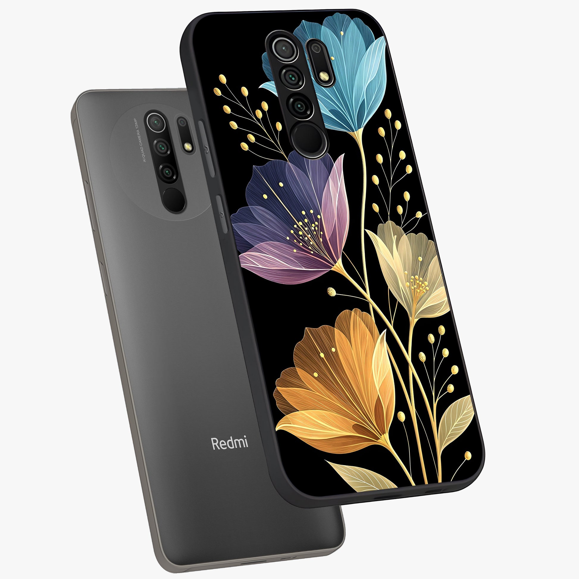 Delicate Multicolor Flowers Glass Case displayed in angled mockup highlighting colorful flower pattern with soft aesthetic style.