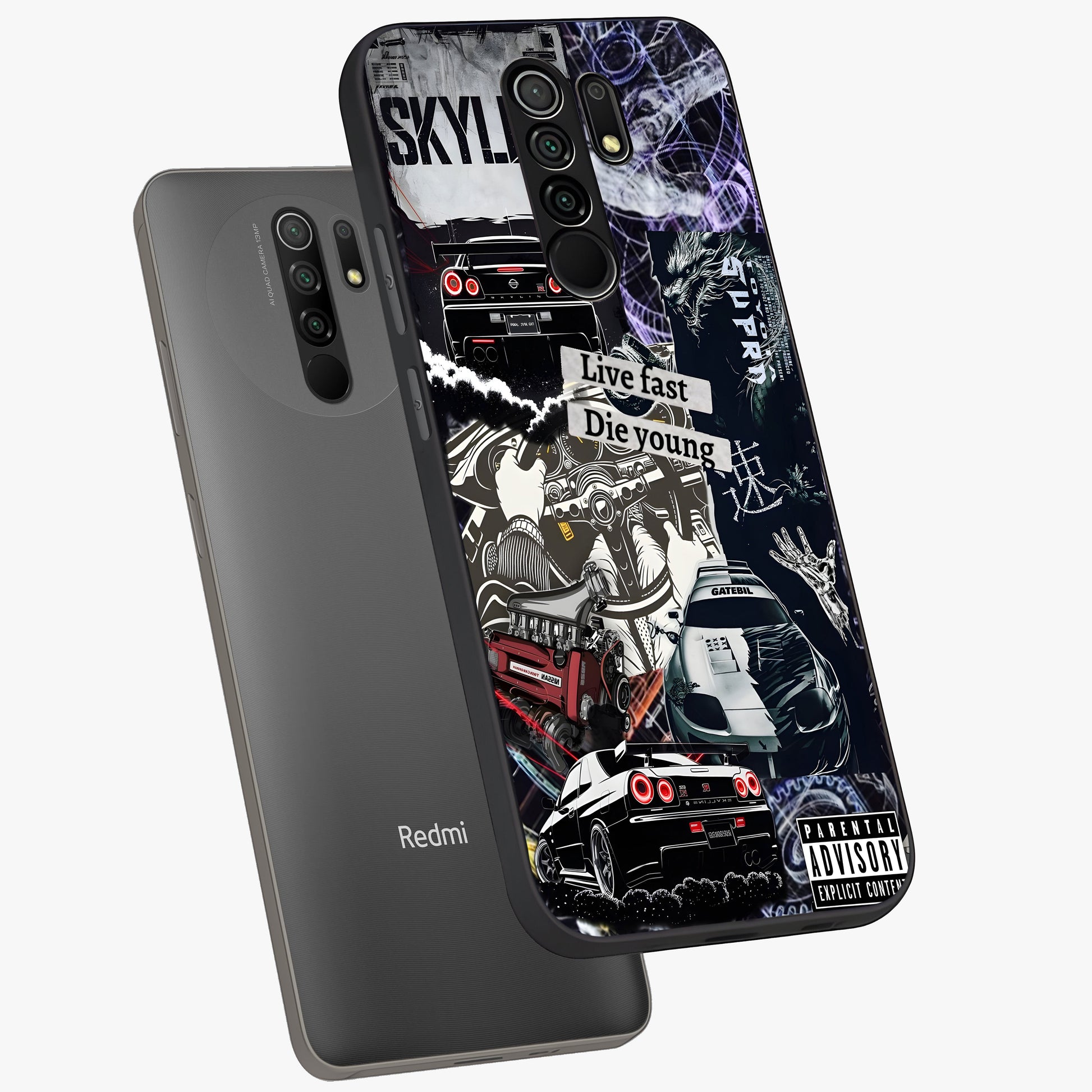Die Young Glass Case displayed in angled mockup highlighting expressive graphic artwork with edgy aesthetic style.