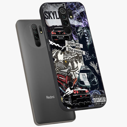 Die Young Glass Case displayed in angled mockup highlighting expressive graphic artwork with edgy aesthetic style.