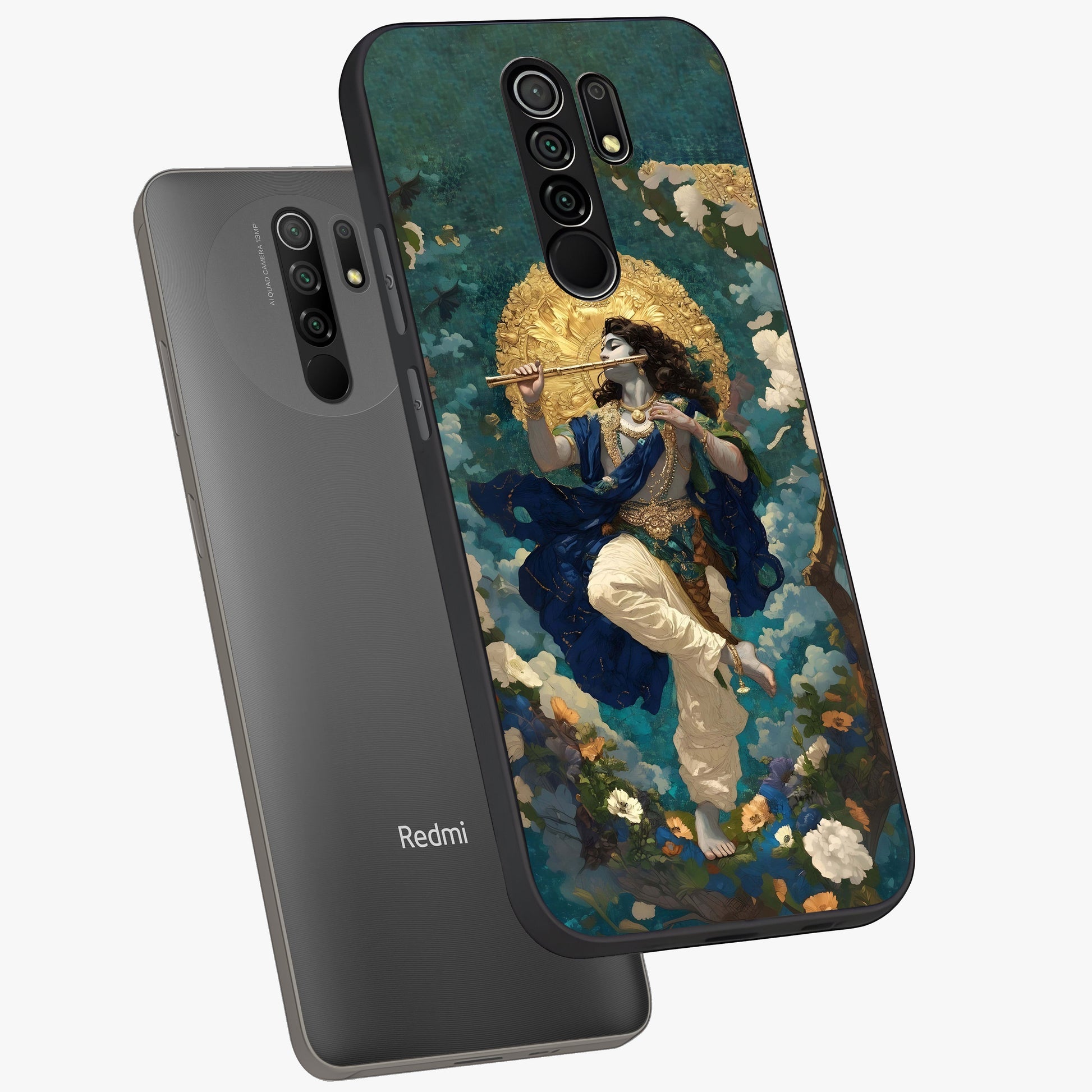 Divine Krishna Art Glass Case displayed in angled mockup highlighting spiritual Krishna illustration with devotional aesthetic.