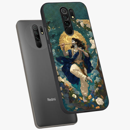 Divine Krishna Art Glass Case displayed in angled mockup highlighting spiritual Krishna illustration with devotional aesthetic.