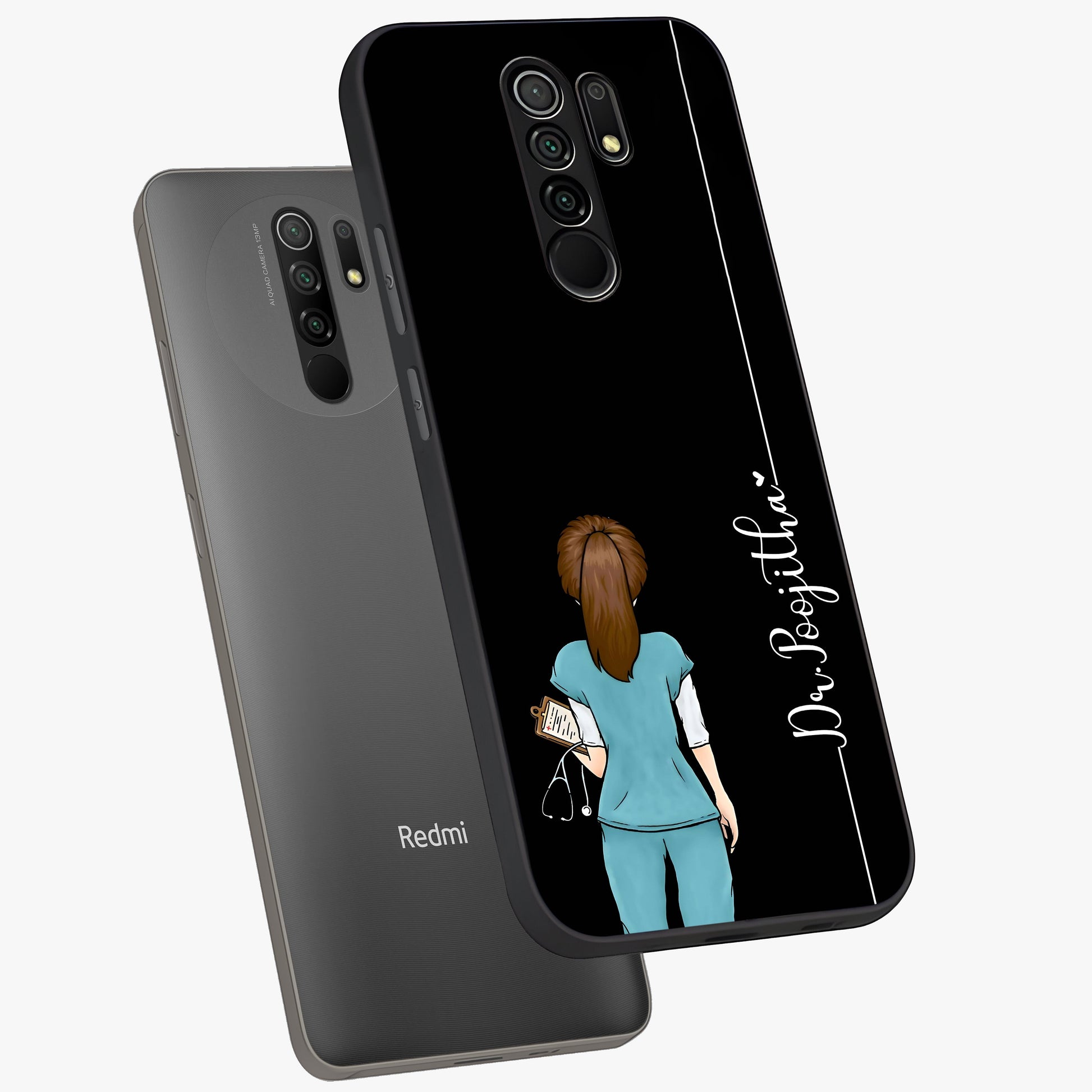 Doctor Pattern Custom Name Glass Case displayed in angled mockup highlighting doctor inspired artwork with custom name feature.
