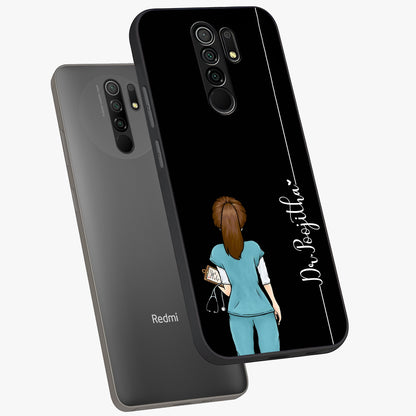 Doctor Pattern Custom Name Glass Case displayed in angled mockup highlighting doctor inspired artwork with custom name feature.