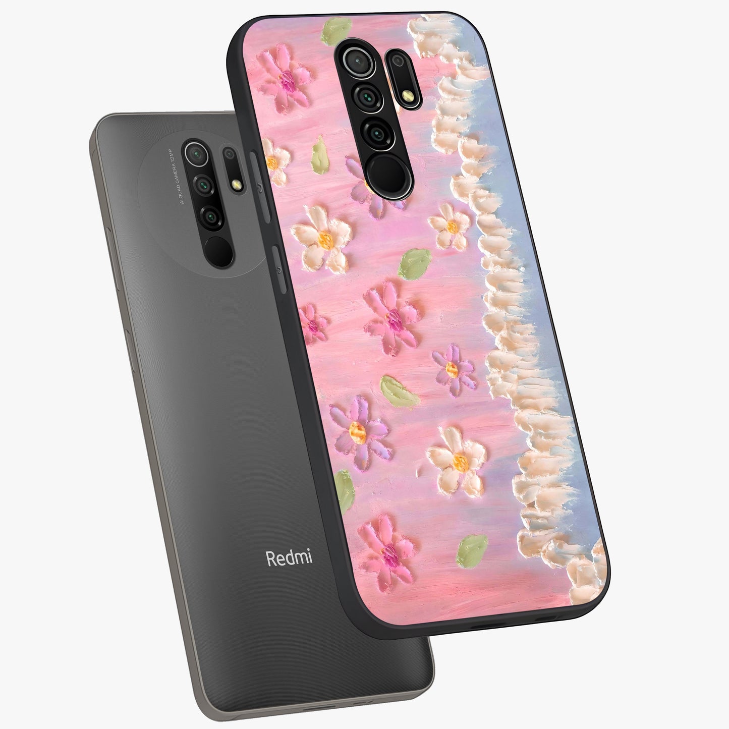 Dreamy Painted Garden Glass Case displayed in angled mockup highlighting colorful garden illustration with dreamy aesthetic style.