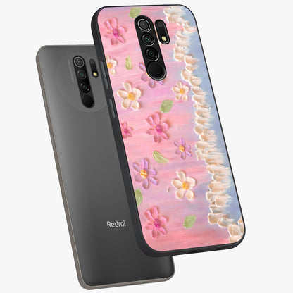 Dreamy Painted Garden Glass Case displayed in angled mockup highlighting colorful garden illustration with dreamy aesthetic style.