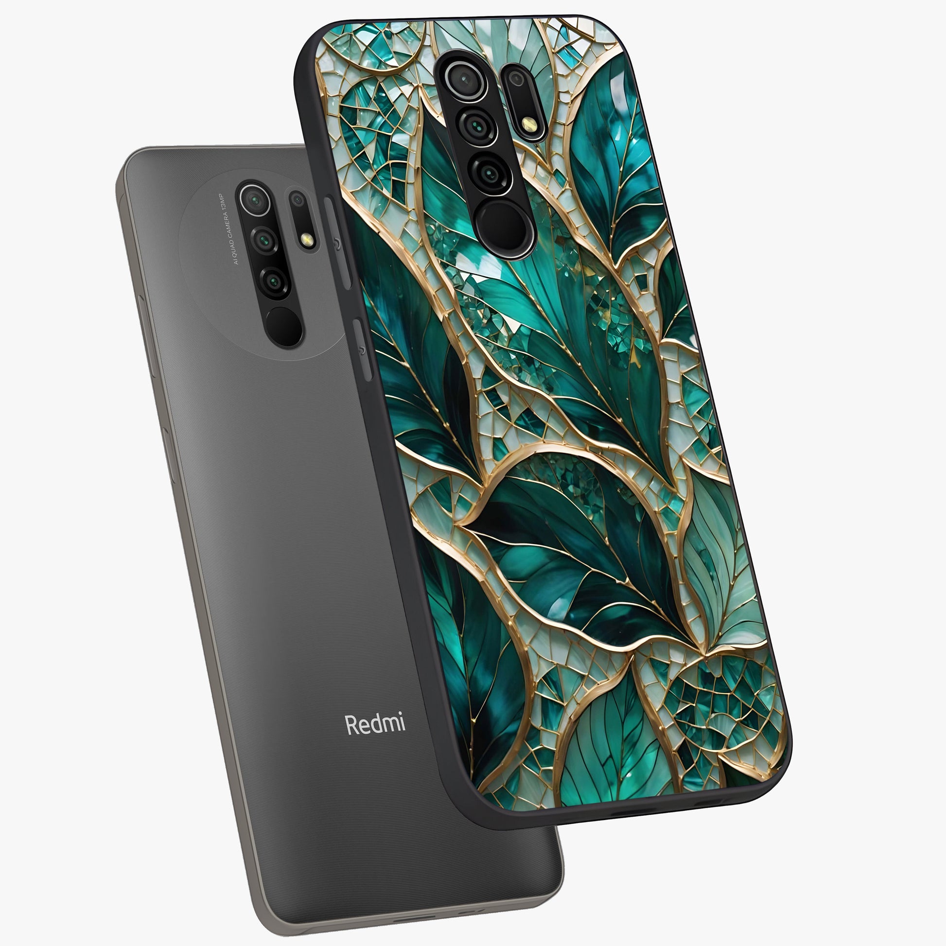Emerald Leaf Glass Glass Case displayed in angled mockup highlighting botanical leaf illustration with elegant natural aesthetic.